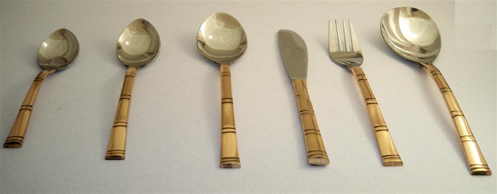 serving spoons, tablespoons, teaspoons, knives, forks with copper handle